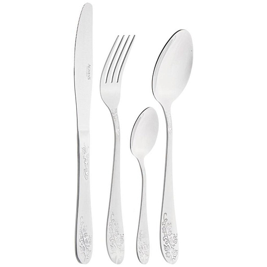 Набор столовых приборов нержавеющая сталь, 24 предмета, серебристый, с художественной росписью, столовый, подарочная упаковка, Agness, 942-042