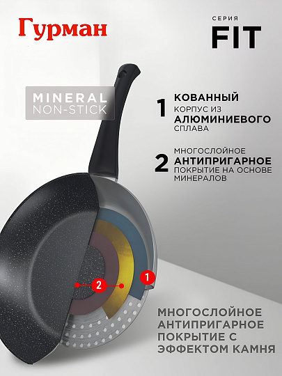 Сковорода алюминий, 24 см, антипригарное покрытие, Гурман, Fit, съемная ручка