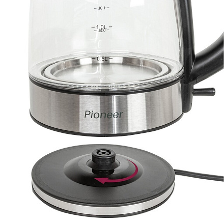 Чайник электрический Pioneer, KE807G, черный, 1.7 л, 2200 Вт, скрытый нагревательный элемент, стекло