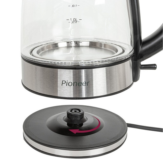 Чайник электрический Pioneer, KE807G, черный, 1.7 л, 2200 Вт, скрытый нагревательный элемент, стекло