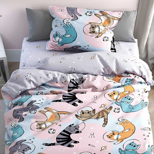 Постельное белье детское 1.5-спальное, простыня 150х215 см, 1 наволочка 70х70 см, пододеяльник 145х215 см, FreeDom, бязь, Коты в Космосе