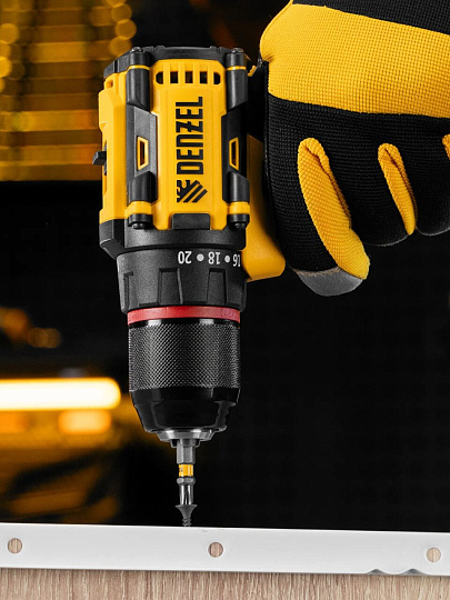 Дрель-шуруповерт аккумуляторный, Denzel, CDH-BL-20, бесщеточный, 20 В, кейс, черно-желтый, 26123