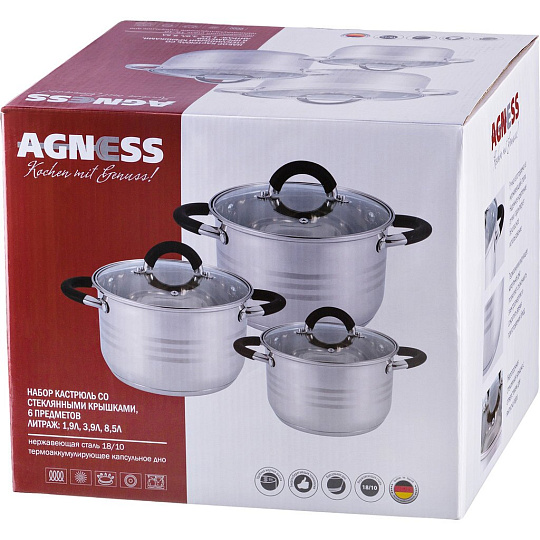 Набор кастрюль Agness, 6пр. 1,9/3,9/8,5 л, нерж.сталь со стекл. крышками, силиконовой ручки, 937-223