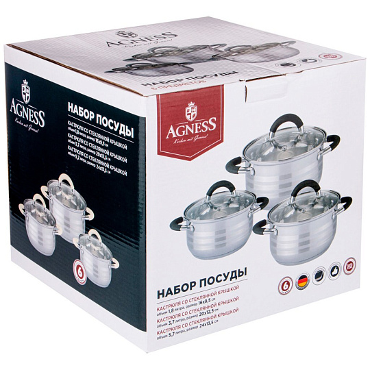 Набор кастрюль Agness, 6пр.1,8/3,7/5,7л, нерж.сталь со стекл.крышками, силиконовойручки, 937-228