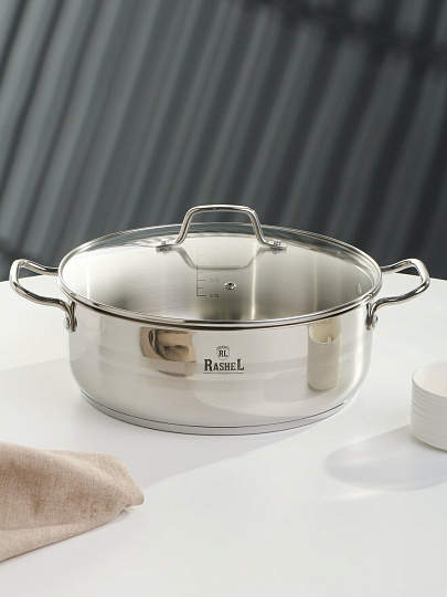 Жаровня нержавеющая сталь, 28 см, 6 л, RasheL, R-1/281, с крышкой, индукция