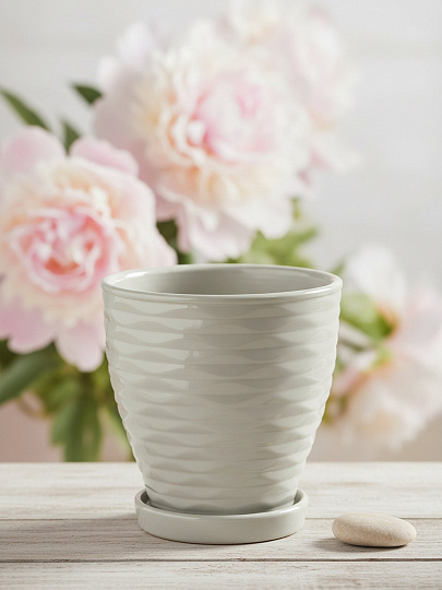 Горшок керамика, 1.3 л, 14.5х14.5х14.5 см, с подставкой, серый, Эллипс, Fdtc2