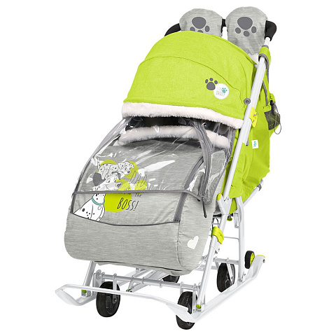 Санки-коляска Baby2, DB2/3, Далматинец, выдвижные колеса, стальной каркас, регулируемая спинка, сумка, рукав, тент, лимонные, Nika