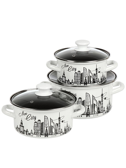 Набор посуды эмалированная сталь, 6 предметов, кастрюли 1.5,2.3,3 л, Керченский металлургический завод, Новый город-1-Экстра