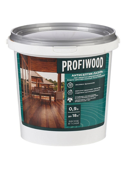 Антисептик Profiwood, декоративный, лазурь, атмосферостойкий водно-дисперсионная, бесцветный, 0.9 кг