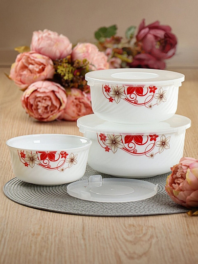 Салатник стеклокерамика, круглый, 3 шт, 9 см, 19, 16, 14 см, 0.5, 0.8, 1.4 л, с крышкой, Кармен, Daniks, BY14HDW-3-T36 DANIKS