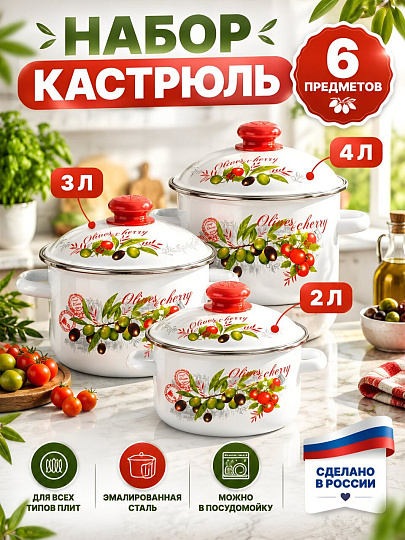 Набор посуды эмалированная сталь, 6 предметов, кастрюли 2,3,4 л, индукция, Сибирские товары, Оливки/Черри 15, N15B93