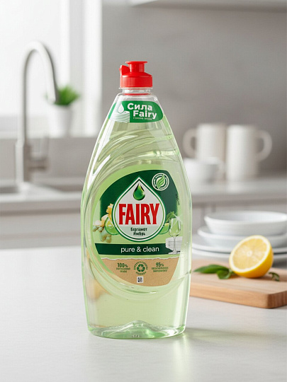 Средство для мытья посуды Fairy, Pure &amp; Clean Бергамот и Имбирь, 900 мл
