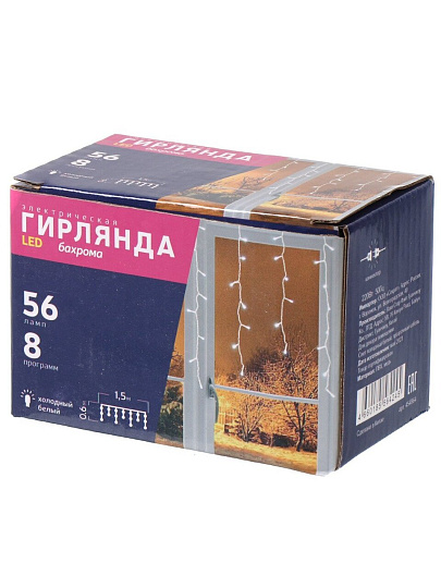 Гирлянда 56 ламп, 1.5х0.6 м, 8 режимов, Бахрома, холодный белый свет, прозрачная, в помещении, сетевая, LED