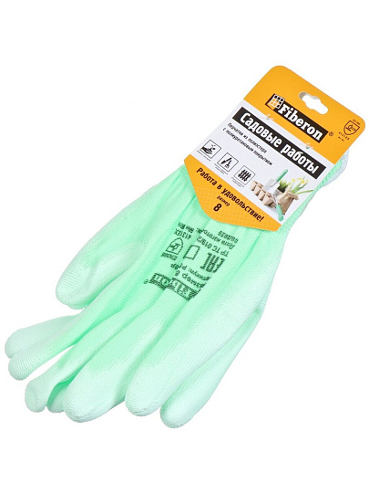 Перчатки полиэстер, полиуретановый облив, без рисунка, размер 8 (M), цвет в ассортименте, однотонные, Fiberon