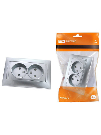 Розетка скрытой установки, 2 гнезда, без заземления, 10 А, 250 В, с защитными шторками, пластик, IP20, серебряный металлик, TDM Electric, Лама, SQ1815-0212