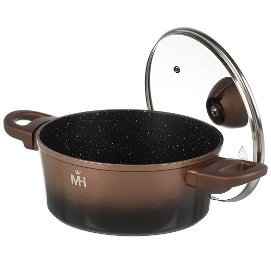 Кастрюля алюминий, антипригарное покрытие, 2.8 л, крышка стекло, MercuryHaus, Flame, 1789-MC, коричневая, индукция