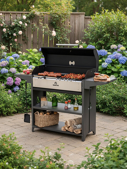 Мангал 1582х445х1110 мм, 3 мм, разборный, с крышкой, стационарный, гриль, складные полки, термоизоляция, Gratar, Professional, POB3000