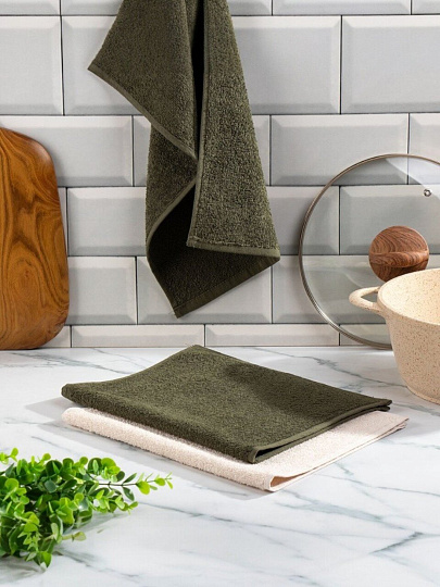 Набор полотенец кухонных 3 шт, махровый, 100% хлопок, 400 г/м2, Silvano, Pollen, темно-зеленый, молочный, Узбекистан