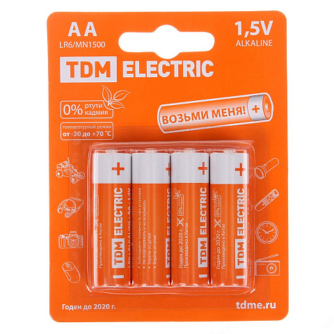 Батарейка TDM Electric, АА (LR6, 15A), Alkaline BP-4, щелочная, 1.5 В, блистер, 4 шт, SQ1702-0003