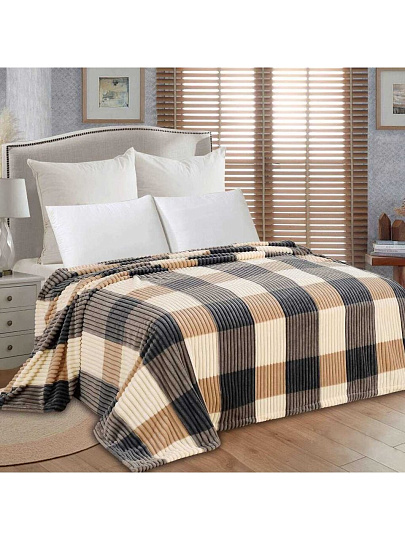 Плед 2-спальный, 180х200 см, велсофт жаккард, 100% полиэстер, Silvano, Полоски, Клетка, бежевый, ST-202