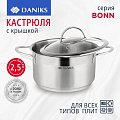 Кастрюля нержавеющая сталь, 2.5 л, крышка стекло, Daniks, Бонн, GS-01319-18CA, индукция