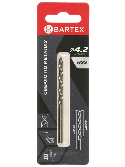 Сверло по металлу, Bartex, HSSM2, диаметр 4.2х43х75 мм, блистер, KF101011