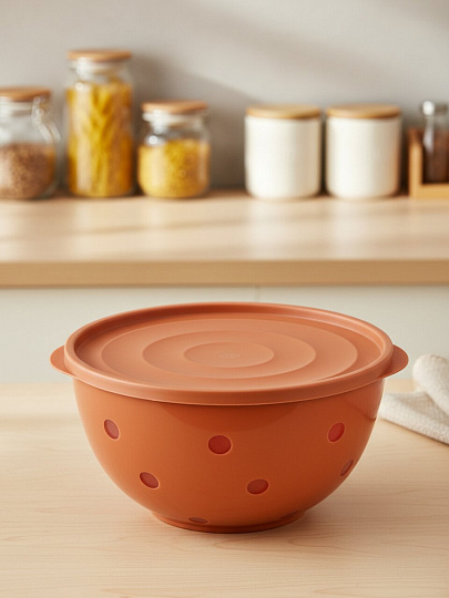 Салатник пластик, круглый, 19.7х10.4 см, 2 л, с крышкой, Оливье по ГОСТу, Berossi, ИК 61496000, кирпичный