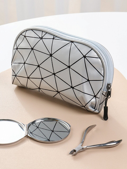 Косметичка полукруглая с ромовидной сеткой, серебристая, 24Х4Х11см, A080064