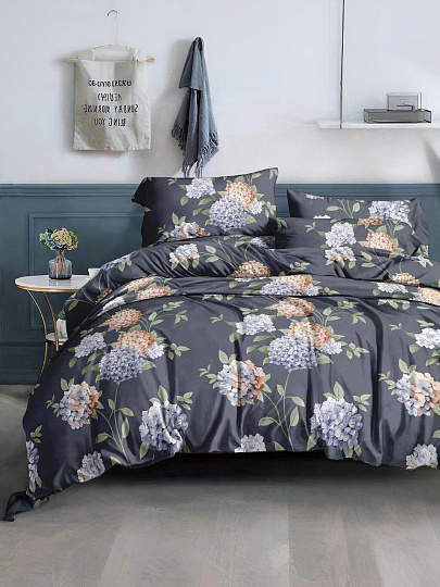 Постельное белье 2-спальное, простыня 200х220 см, 2 наволочки 70х70 см, пододеяльник 175х215 см, Майская ночь, полисатин, Цветы, серый 20/285-AC/MA