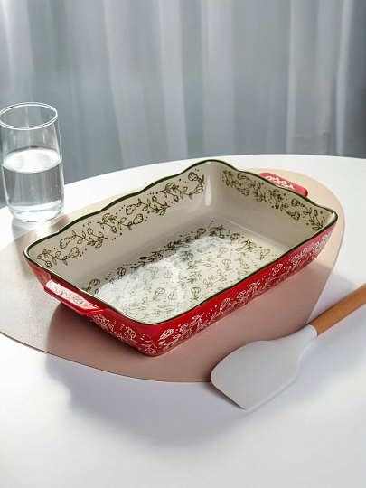 Форма для запекания керамика, 20.8х33 см, прямоугольная, Красные веточки, Y4-9766