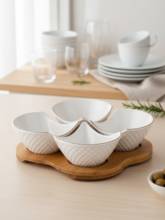 Менажница фарфор, 18х18х5 см, 4 секции, деревянная подставка, Lefard, Диаманд голд, 359-380