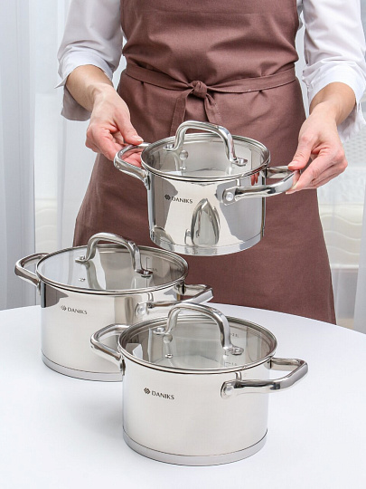 Набор посуды нерж, 6 пр, кастрюли 2.1,2.9,3.9, DNN3, SD-A17-6