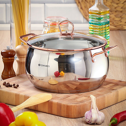 Кастрюля нержавеющая сталь, 5.8 л, крышка стекло, Daniks, Карлин, GS-01332G-24, индукция