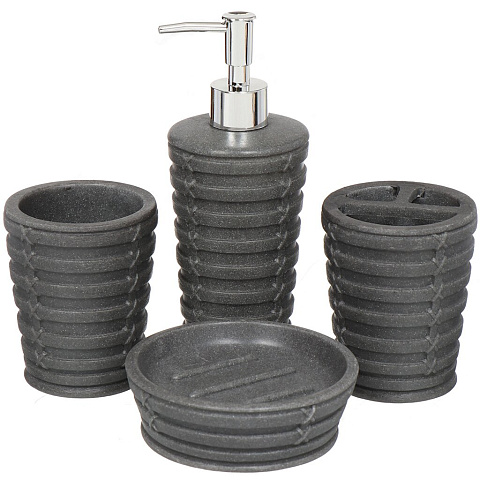 Набор для ванной 4 предмета, Кольца, серый, полирезина, стакан, подставка для зубных щеток, дозатор для мыла, мыльница, JC-10742-сер