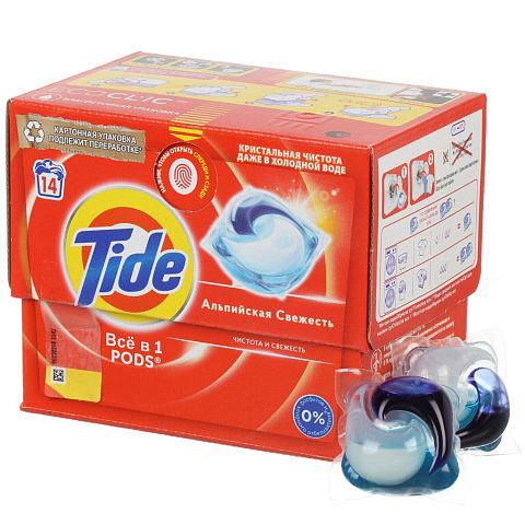 Капсулы для стирки Tide, Все в 1 Pods Альпийская свежесть, 14 шт, капсула 16.8 г