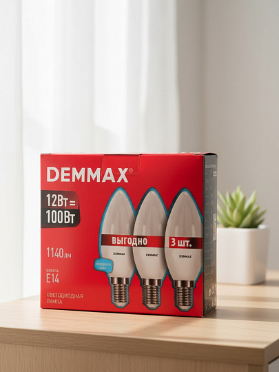 Лампа светодиодная E14, 12 Вт, 100 Вт, 253 В, свеча, 4500 К, нейтральный белый свет, 3 шт, Demmax