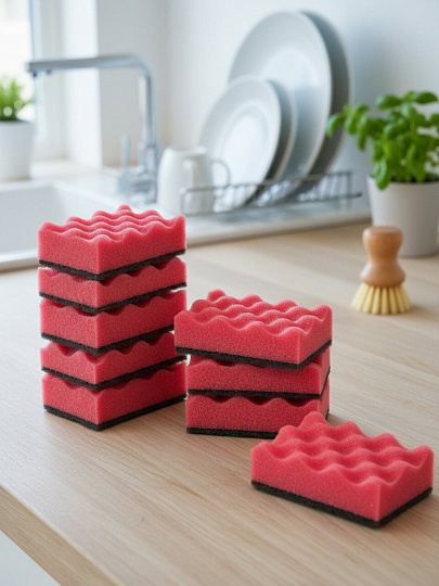 Губка для посуды 10 шт, поролон, абразивная фибра, Марья Искусница, бордо