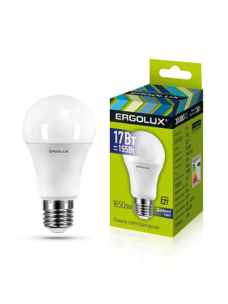 Лампа светодиодная E27, 17 Вт, 155 Вт, 220 В, груша, 6500 К, холодный белый свет, Ergolux, 13181