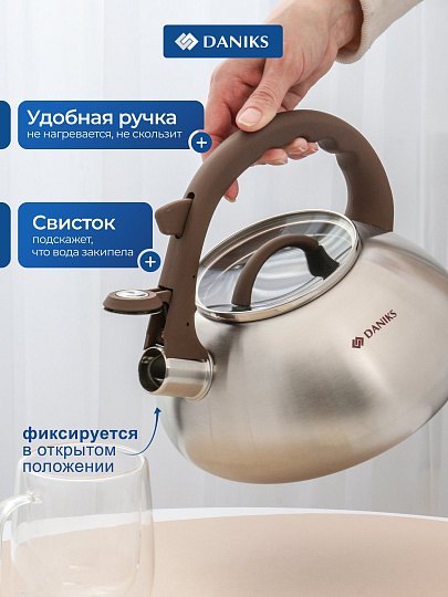 Чайник нержавеющая сталь, 3 л, со свистком, матовый, Daniks, Emerald, индукция, коричневый, DSC-8804