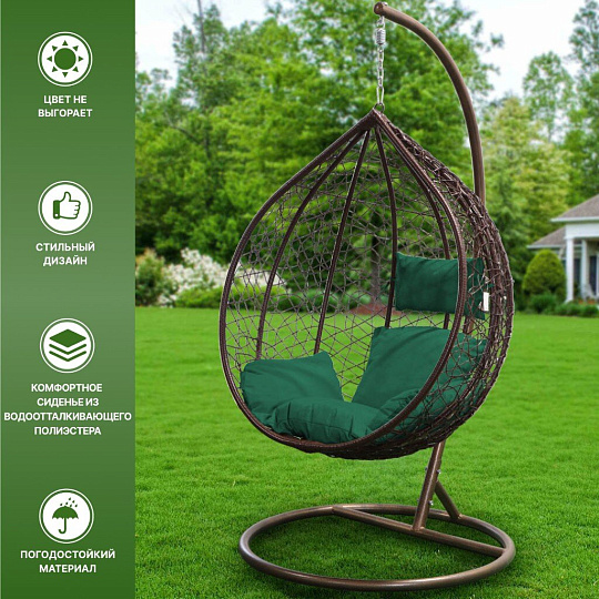Подвесное кресло Кокон, 1-мест, 71х105х195 см, 100 кг, темно-коричневое, ротанг, подушка зеленая, Y9-162