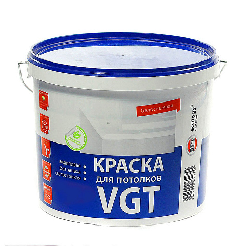 Краска воднодисперсионная, VGT, акриловая, для потолков, матовая, белоснежная, 15 кг