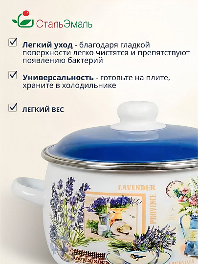 Кастрюля эмалированная сталь, 4 л, крышка сталь, сферический, СтальЭмаль, Горная лаванда, 6RC201M, индукция