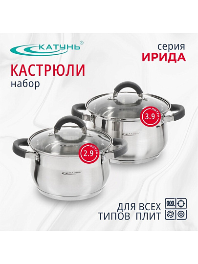 Набор посуды нержавеющая сталь, 4 предмета, кастрюли 2.9,3.9 л, индукция, Катунь, Ирида, КТ08-В