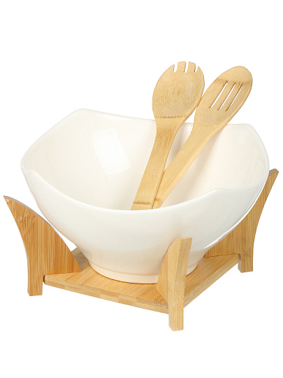 Салатник керамика, квадратный, 26х13 см, 2.85 л, 4 предмета, на бамбуковой подставке, Y4-6283