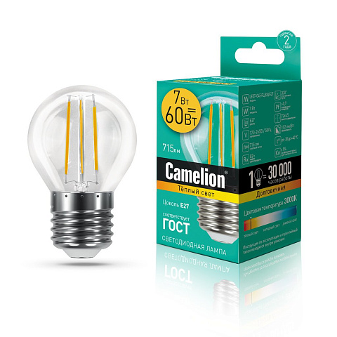 Лампа светодиодная 7Вт 220В 3000К Camelion LED7-G45-FL/830/E27