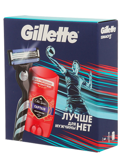 Набор подарочный для мужчин, Gillette, Mach 3, станок для бритья c 1 кассетой, дезодорант Old Spice Captain