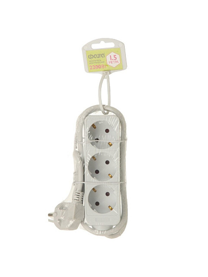 Удлинитель бытовой 3 гнезда, 1.5 м, ПВС, 3х0.75 мм², с заземлением, 10 А, пластик, белый, ФАZА, FEG-03-150, 5052833