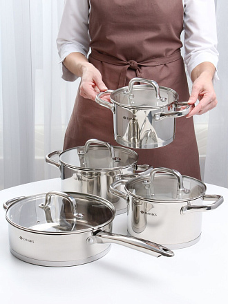 Набор посуды нержавеющая сталь, 8 предметов, кастрюли 2.1,2.9,5.1 л, сковорода 3.1 л, индукция, Daniks, Рейн