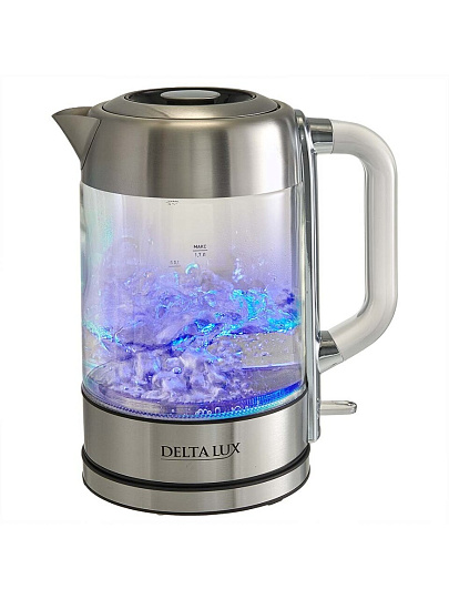 Чайник электрический Delta Lux, DE-1026, 1.7 л, 2200 Вт, скрытый нагревательный элемент, стекло, нержавеющая сталь