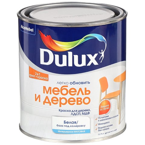 Краска воднодисперсионная, Dulux, для дерева, ЛДСП, МДФ, матовая, 0.75 л